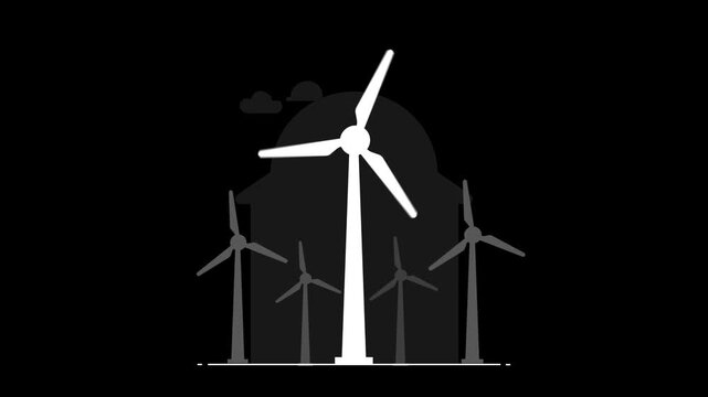 Windmill Silhouette Landscape Animation - Black and White Renewable Energy