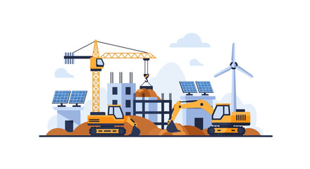 Sustainable Construction Site: Green Building Development with Solar Panels, Wind Turbine, Crane, and Excavators. Eco-Friendly Energy Vector Concept.