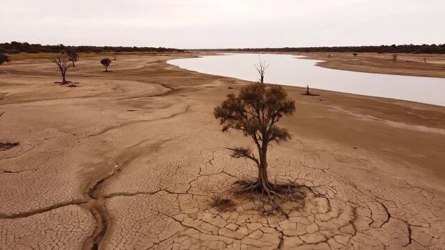 Cracked ground and a shrinking river indicate water scarcity