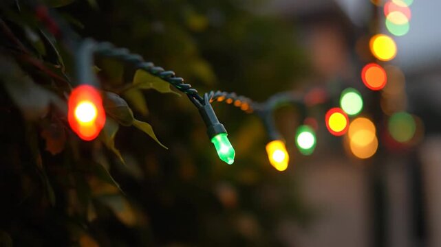 Colorful string lights illuminate a dark evening setting