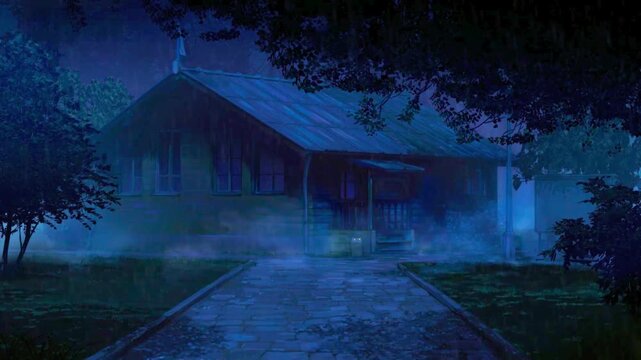 A lonely, dark cabin stands under a heavy rainstorm in a moody and atmospheric forest setting at night.