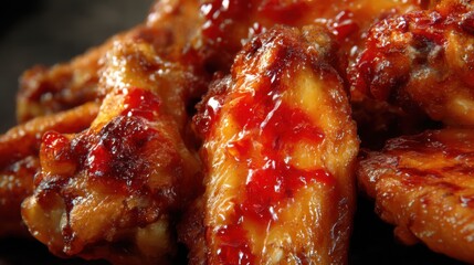 Close-up of sticky and spicy glazed chicken wings.