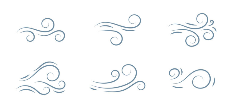 Wind line doodle icon set. Hand drawn blue wind swirls and gusts. Decorative breeze symbols for weather, nature, and climate concepts. Vector air flow illustration element