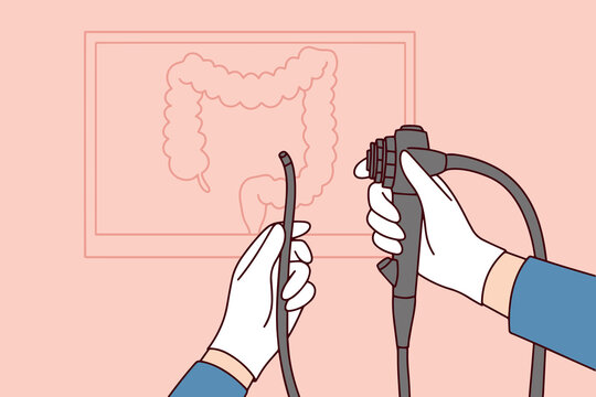 Close up of medical hands holding endoscope for colonoscopy procedure. Monitor shows large intestine for cancer and polyp screening. Professional diagnostic tool for digestive system health.