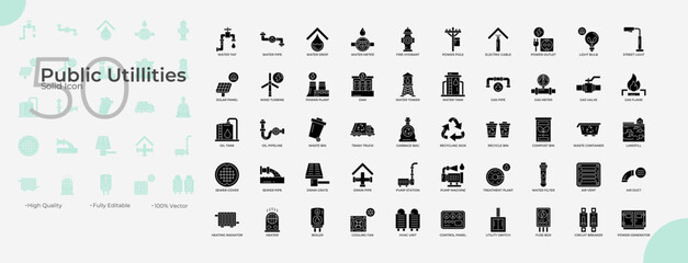 Public Utillities Solid Editable Icons set