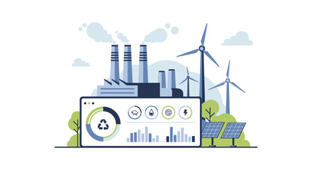 Naklejka premium Industrial Sustainability Concept: Green Energy Transition with Data Monitoring Dashboard, Factory, Wind Turbines, Solar Panels