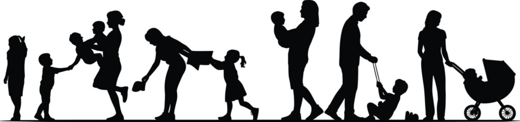 Silhouette adults with children, parenting scenes, caregiving illustration, family interaction, nurturing posture diversity, baby stroller, childhood moments, supportive parent-child bond