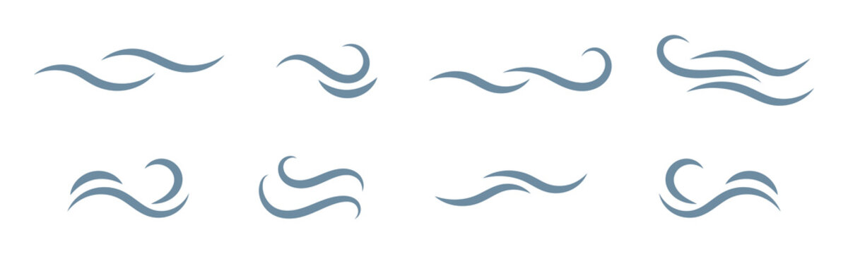 Strong wind line icon set. Windy weather, Airflow, wind flow symbol. Natural wind icons. Windy blow logo, label, badge, sticker, symbol, emblem, stamp, black, line, flat vector isolated illustration.