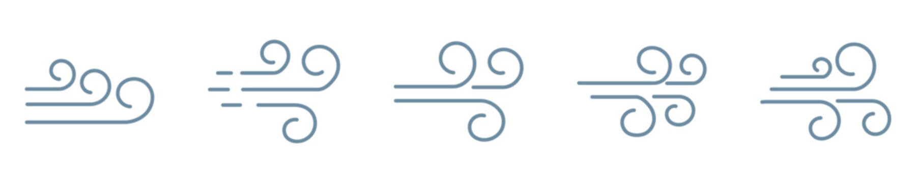 Wind blow line set in doodle style. Blue hand drawn wind swirls and gusts. Decorative breeze symbols for weather, nature, and climate designs. Vector illustration. EPS 10