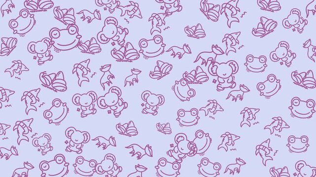 Doodle animal seamless pattern koala frog fox shark butterfly snail perfect for children's designs, fabric prints, wallpaper, and digital backgrounds.