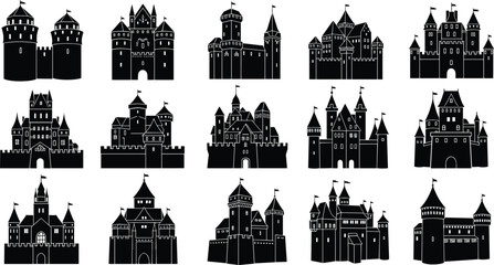 Medieval castle silhouettes collection featuring fantasy fortresses, towers, and historic strongholds, isolated on white background, architecture and fairytale theme © Mst