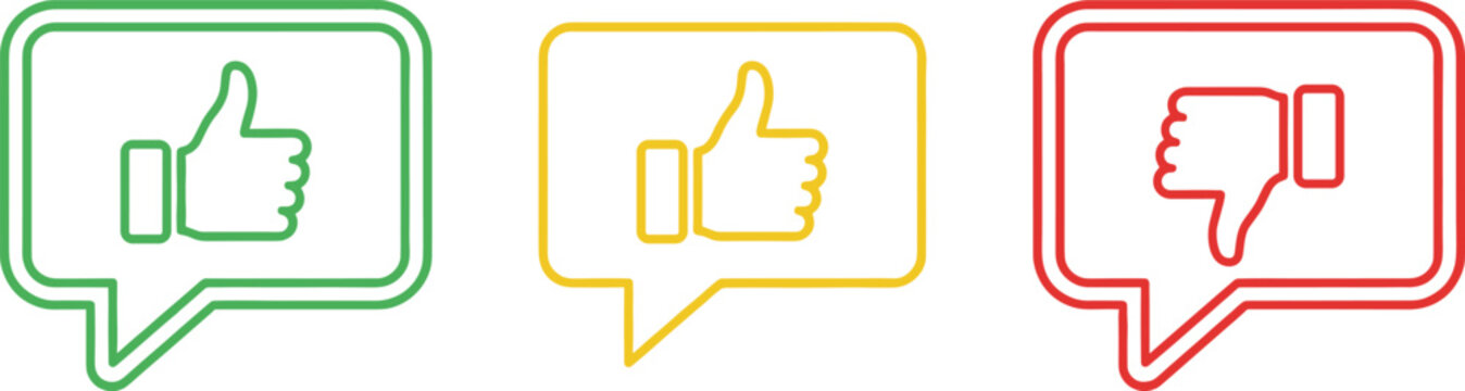 Like neutral dislike feedback icons in chat bubbles showing thumbs up and thumbs down reactions for customer reviews surveys and user experience design