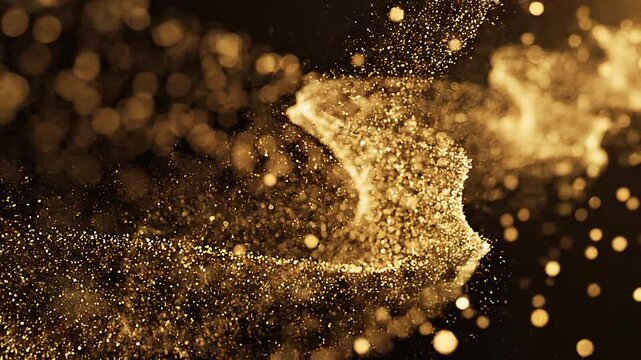 Golden particles swirling in fluid motion.
