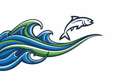 Obraz premium Illustration of a fish jumping out of stylized blue and green ocean waves on a white background with a graphic design style.