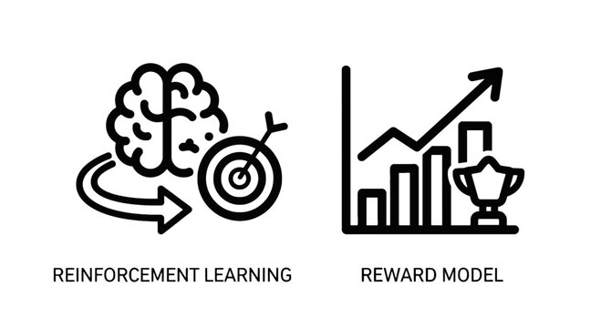 Brain and target icon for reinforcement learning concept with arrow, alongside bar chart growth and trophy for reward model, representing AI decision making.
