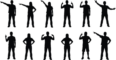 People pointing gestures silhouette collection, standing men women poses set, isolated black human figures, body language signs, communication concept illustration design © Mst