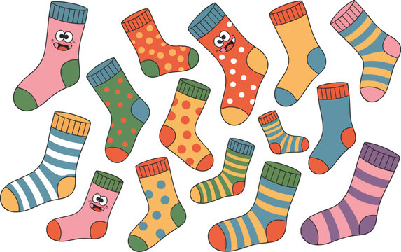 A colorful illustration of cartoon socks with various patterns and designs