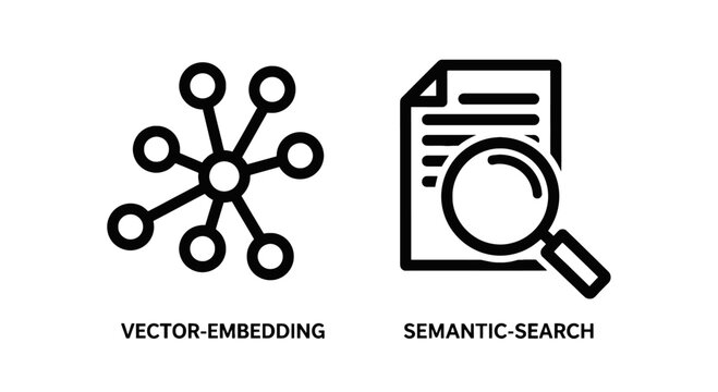 Icons for vector embedding and semantic search, illustrating data relationships, AI models, and document analysis. Conceptual graphics for search engines and natural language processing.