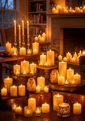 Obraz premium Large Collection of Decorative Candles on Wooden Table