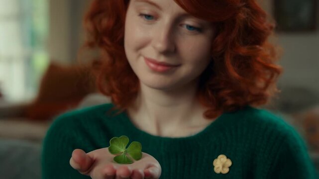 Smiling woman holding a four-leaf clover