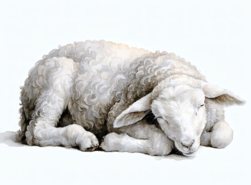 Sleeping Lamb Watercolor Illustration &ndash; Christian Symbol of Sacrifice