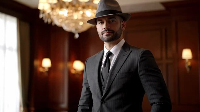 A stylish man poses confidently in an elegant setting