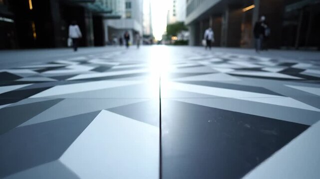Geometric patterned pavement leads through a modern urban walkway