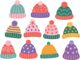 A colorful illustration of winter hats in various patterns and designs