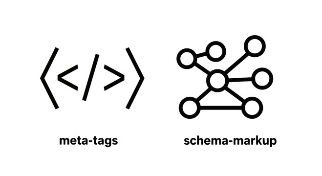 Meta Tags and Schema Markup Line Icons: Website Optimization, SEO, and Structured Data for Digital Content Concepts