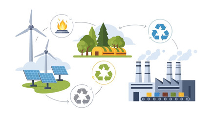 Naklejka premium Circular Economy Illustration: Sustainable Manufacturing, Renewable Energy, and Recycling Process. Eco-friendly Industrial Production Cycle with Green Technologies.