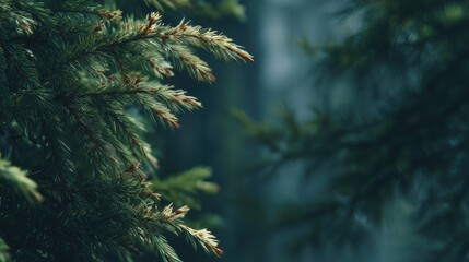 Obraz premium Pine branches close-up with blurred forest background.