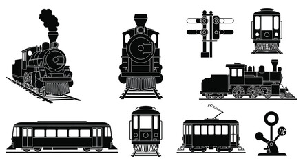 A collection of vintage trains and railway equipment depicted in a stark black silhouette high quality professional detailed modern elegant stylish © CreativeAkash099