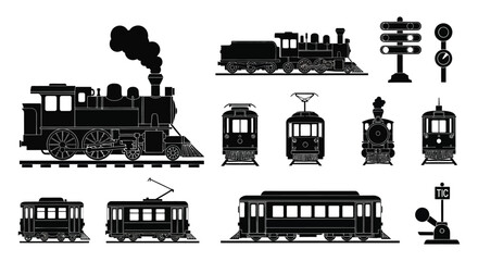 A collection of vintage trains and railway signals depicted in a striking black silhouette high quality professional detailed modern elegant stylish © CreativeAkash099