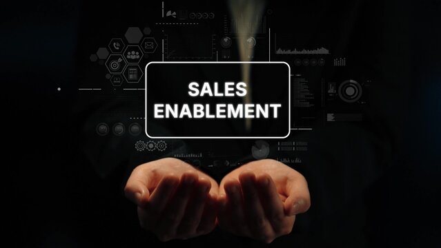 Hands Presenting Concept of Sales Enablement with Digital Interface Elements for Business Growth. Asymptotic smart data analytic.