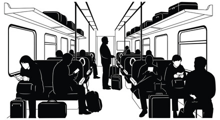 A black and white illustration depicts passengers and a conductor inside a train car displaying a striking silhouette high quality professional © CreativeAkash099