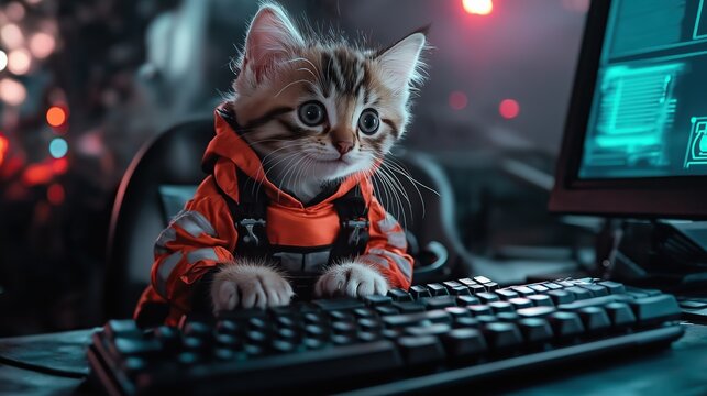 A curious kitten in an orange futuristic suit sits at a glowing computer keyboard in a cyber environment