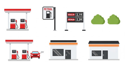 Gas station elements - pumps, sign, price board, shop, and car, all isolated on white.