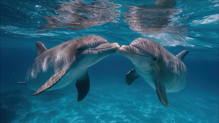 Fototapeta premium Pair of dolphins touch noses underwater in clear ocean environment.