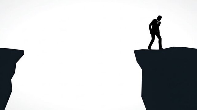 Businessman silhouette jumping across gap between cliffs video seamless loop 4K