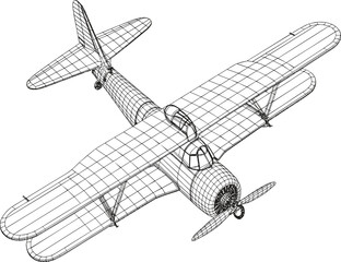 Vintage biplane vector wireframe sketch, featuring classic double wing aircraft design, propeller, and aeronautical engineering elements © Majnur