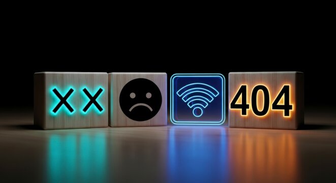 Digital icons representing common internet and connectivity issues on illuminated cubes