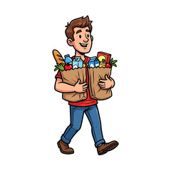 Fototapeta premium A cartoon man carrying grocery bags on transparent background