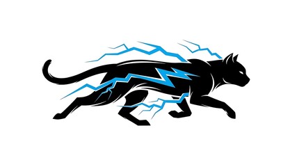 Obraz premium A black panther runs with electric blue lightning bolts striking its body