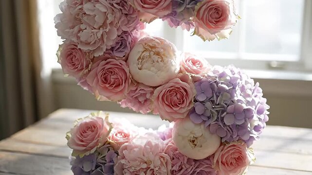 Pastel floral letter S sits on a rustic wooden table