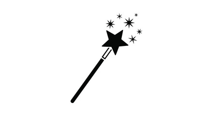 A black silhouette of a magic wand emitting sparkling stars against a stark white background silhouette high quality professional detailed modern © CreativeAkash099