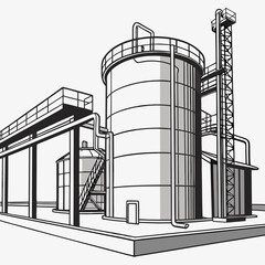 A large industrial building with a silo and a walkway © rrr