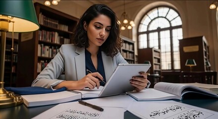 Fototapeta premium Professional Young Woman Studying with Tablet and Stylus in Classic Library