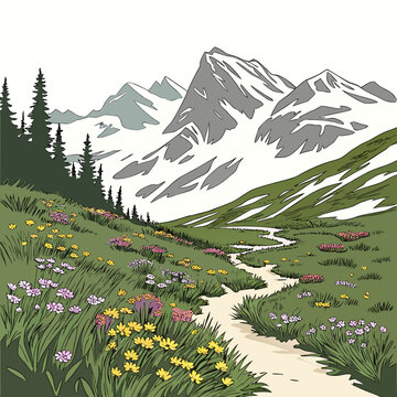 A serene mountain landscape with a winding path and colorful flowers