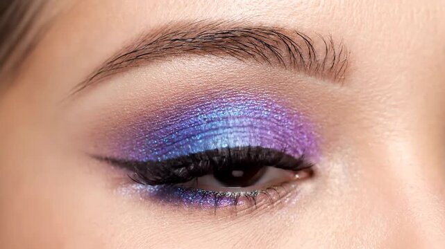 Eye with colorful glitter makeup and long lash extensions