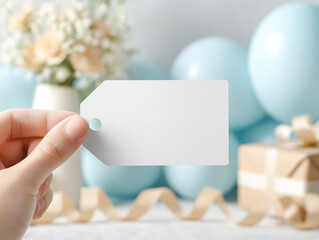 Obraz premium Blank white gift tag held by a hand against a blue balloon background